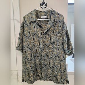Firethorn Silver Men's Tropical Leaf Print Olive Beige 100% Silk Size Size L